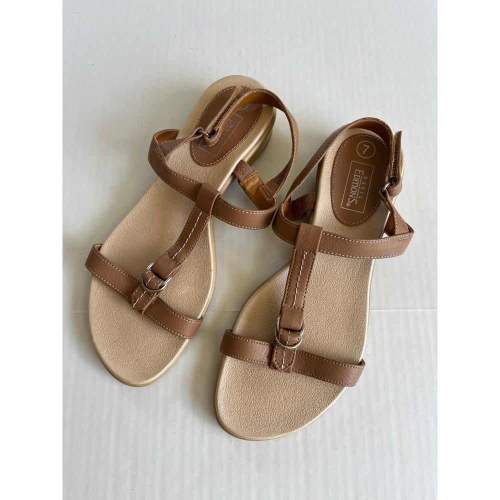 Basic Editions Sz 7 Beige Sandals Adjustable Straps Open Toe Ankle Closure